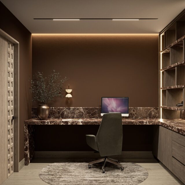 Un estudio en casa integrado al área familiar, pensado para trabajar con enfoque sin perder la conexión con el hogar.

La calidez de los materiales, la sobriedad de la paleta y la funcionalidad del mobiliario construyen un ambiente ordenado, sereno y elegante, ideal para concentrarse y al mismo tiempo formar parte de la dinámica cotidiana de la casa. Un espacio que responde a la productividad, pero también al confort y a la armonía visual del entorno.
