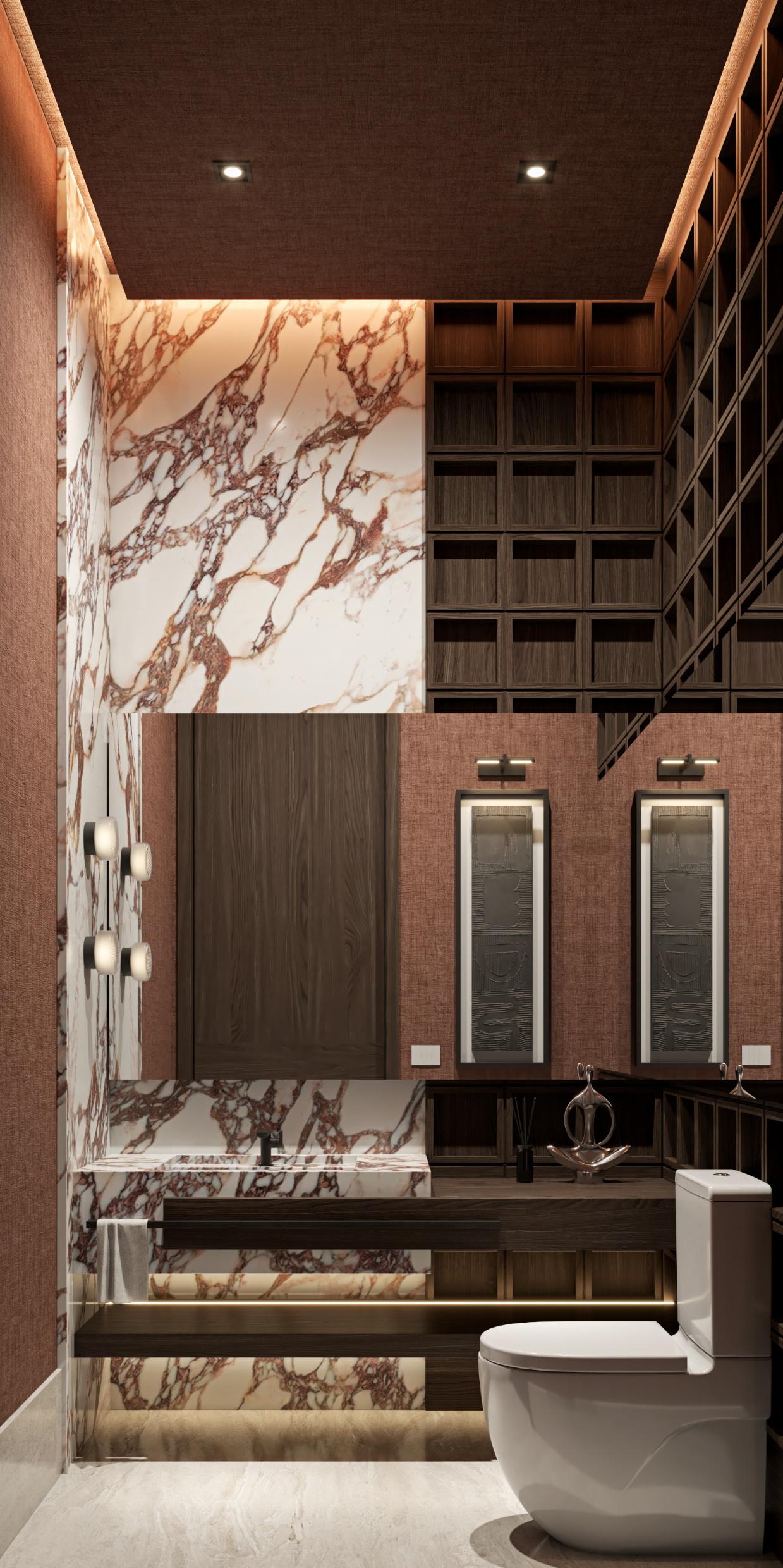 Baño social con muros y lavamanos de mármol Calacatta Viola, Casa Origen, Residencial Concordia, Hermosillo