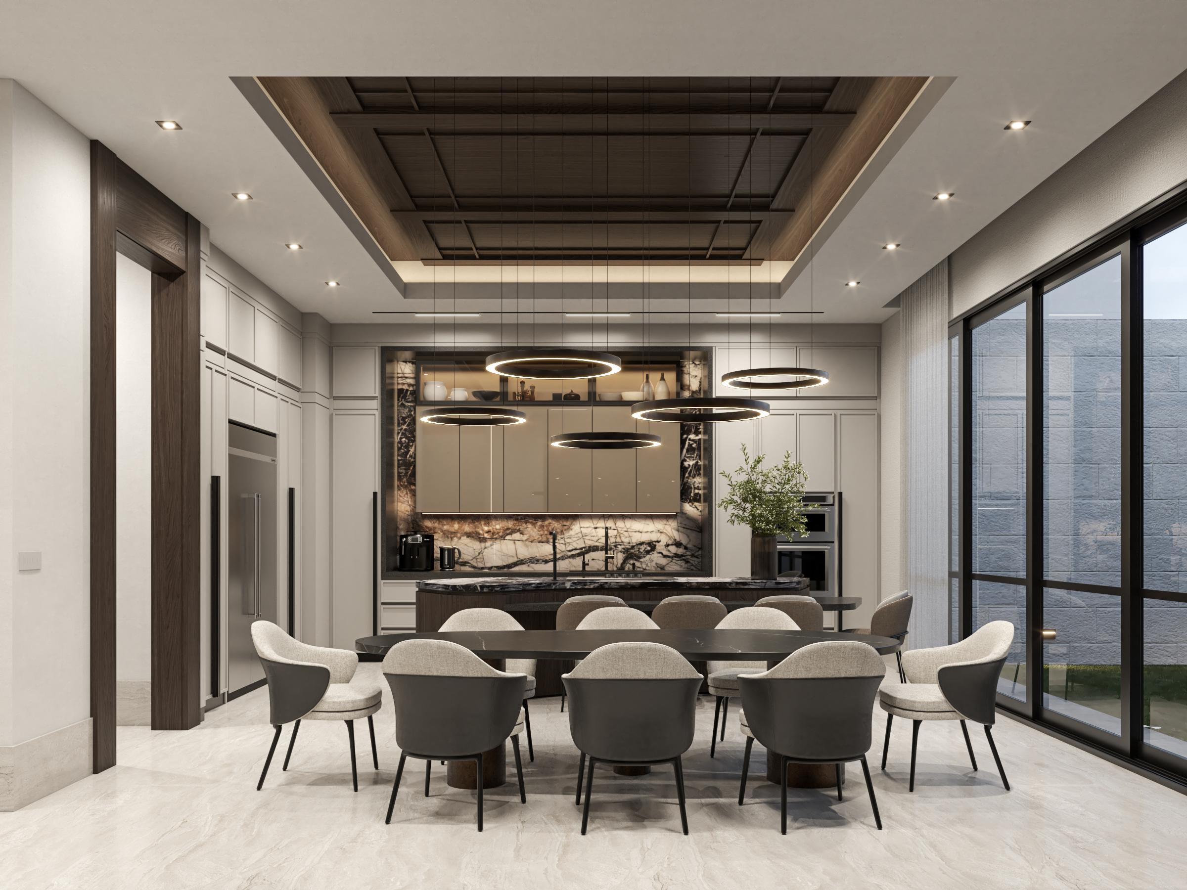 Cocina-comedor integrado con plafón de madera, Casa Origen, Residencial Concordia, Hermosillo