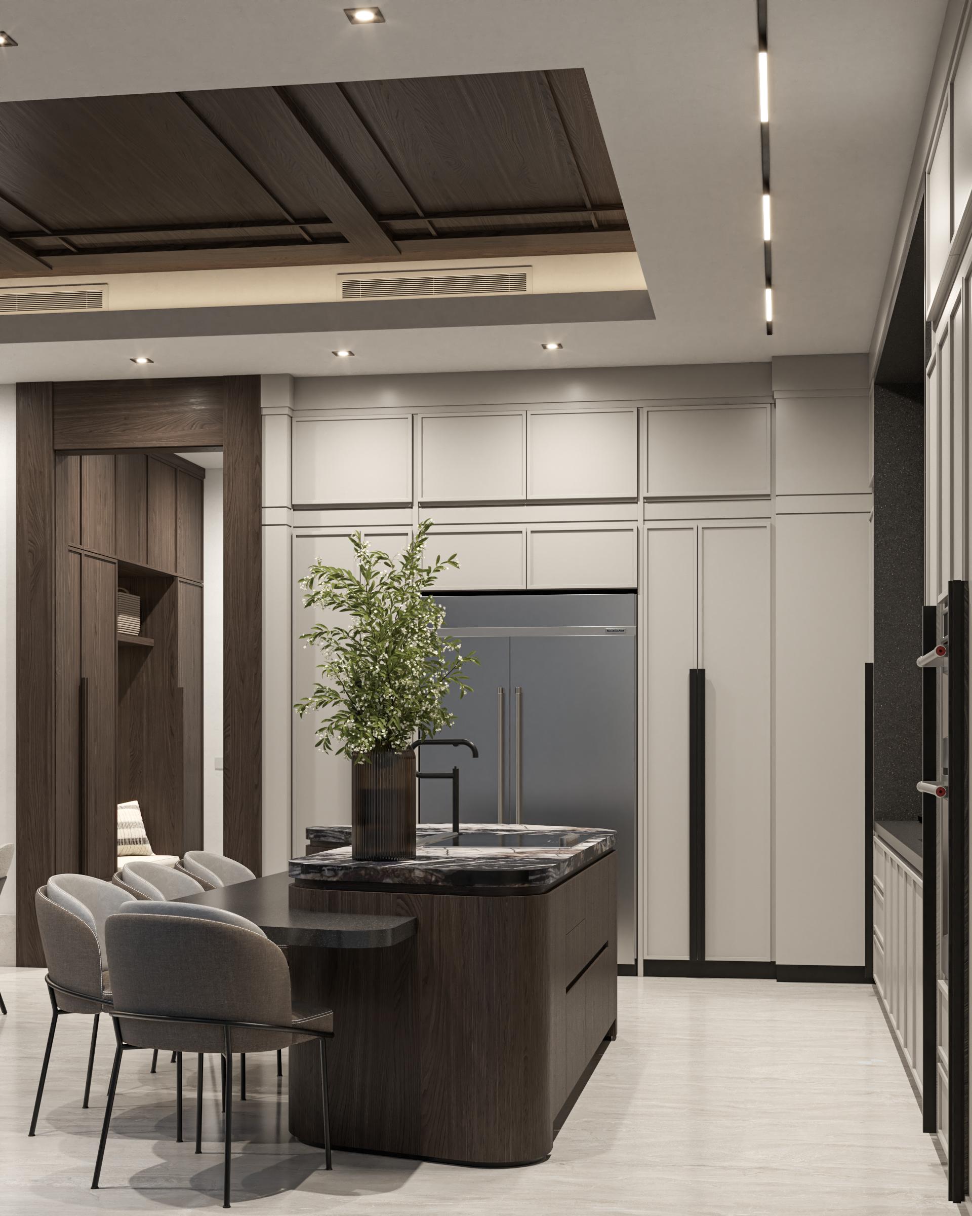 Cocina con isla de madera, cubierta de granito y carpintería a la medida, Casa Origen, Residencial Concordia, Hermosillo