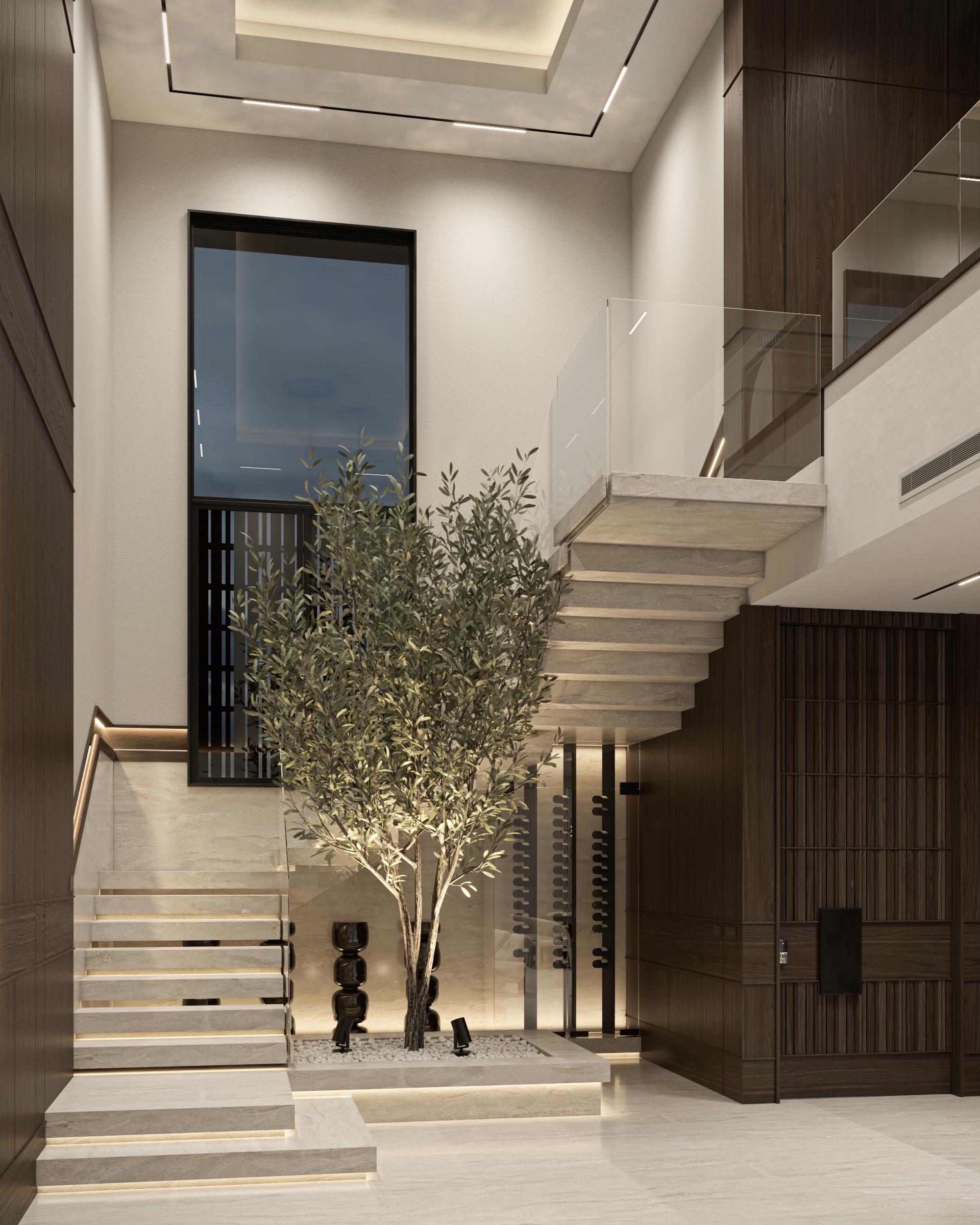 Escalera de mármol dessert con barandal de cristal y pasamanos de madera, Casa Origen, Residencial Concordia, Hermosillo