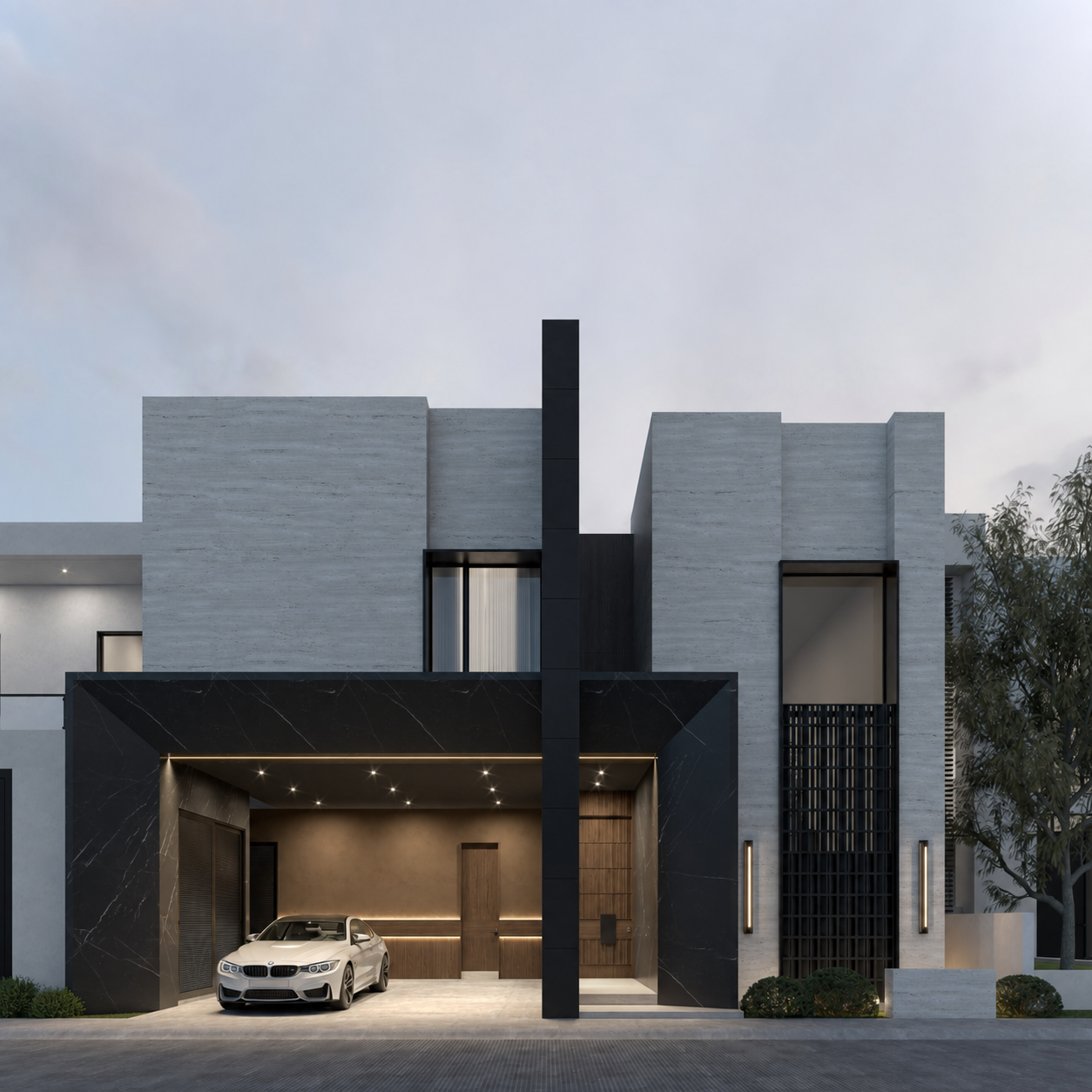 Fachada de casa nueva de tres niveles en piedra clara y mármol negro, Casa Origen, Residencial Concordia, Hermosillo