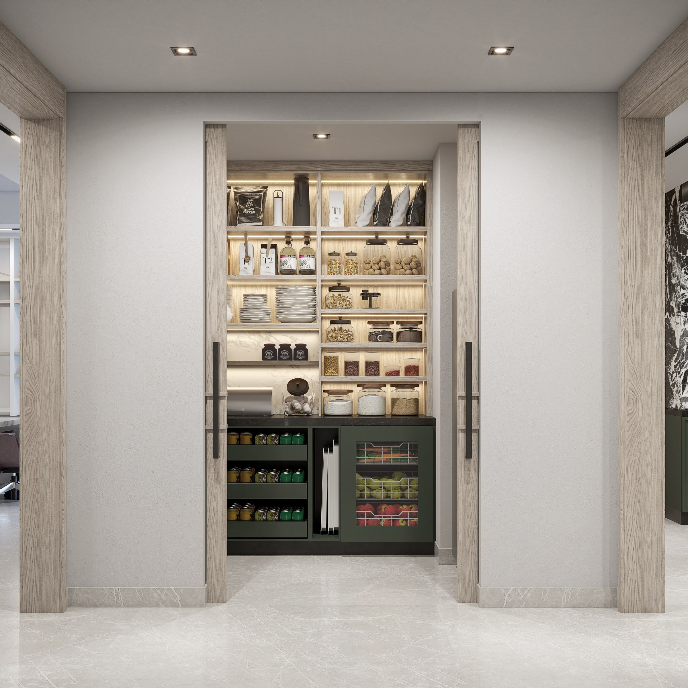Alacena con cubierta de granito Black Motion, backsplash de mármol Calacatta y repisas de madera iluminadas, Casa Veta, Residencial La Rioja, Hermosillo