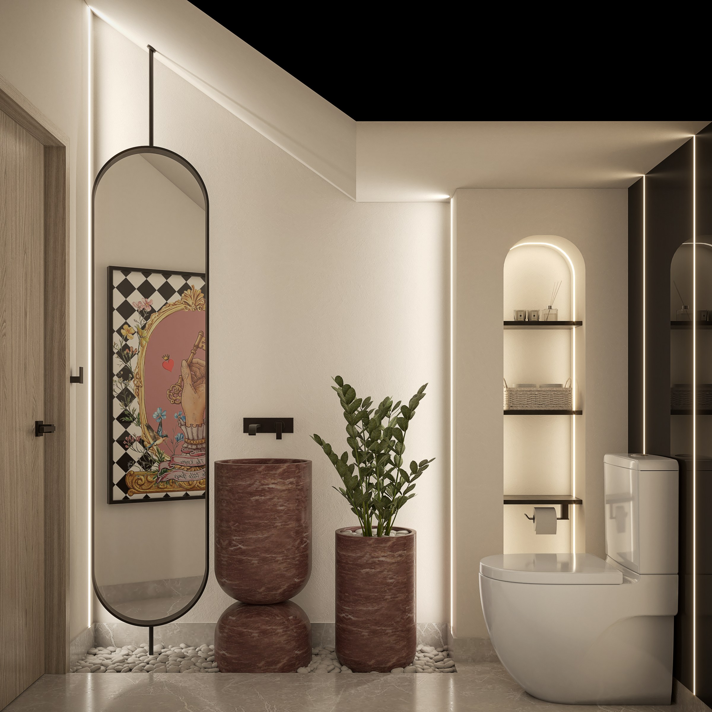 Baño social con espejo negro en muro, nicho con repisas y espejo de cuerpo completo, Casa Veta, Residencial La Rioja, Hermosillo