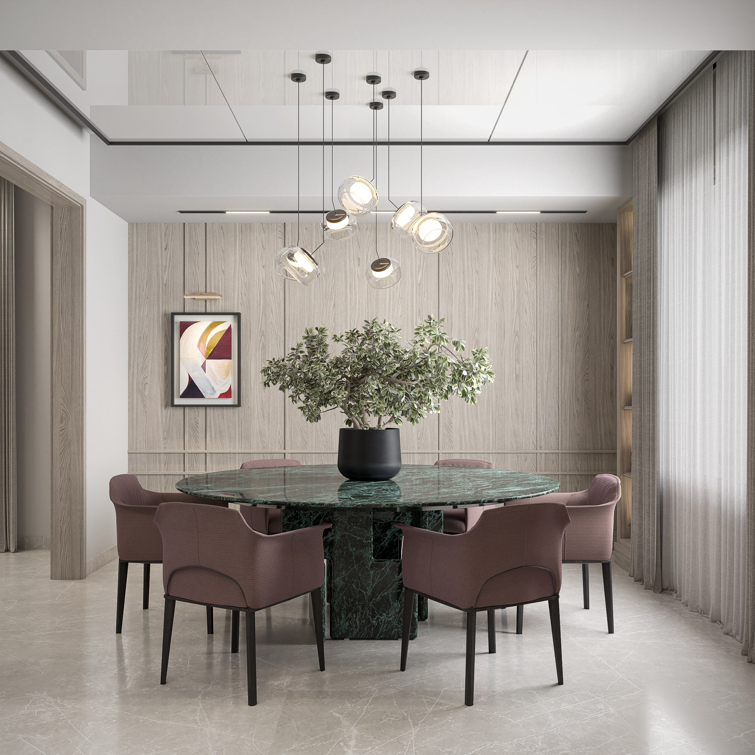 Comedor con mamparas de madera, vitrinas con fondo de espejo blanco y mesa para seis a ocho personas, Casa Veta, Residencial La Rioja, Hermosillo