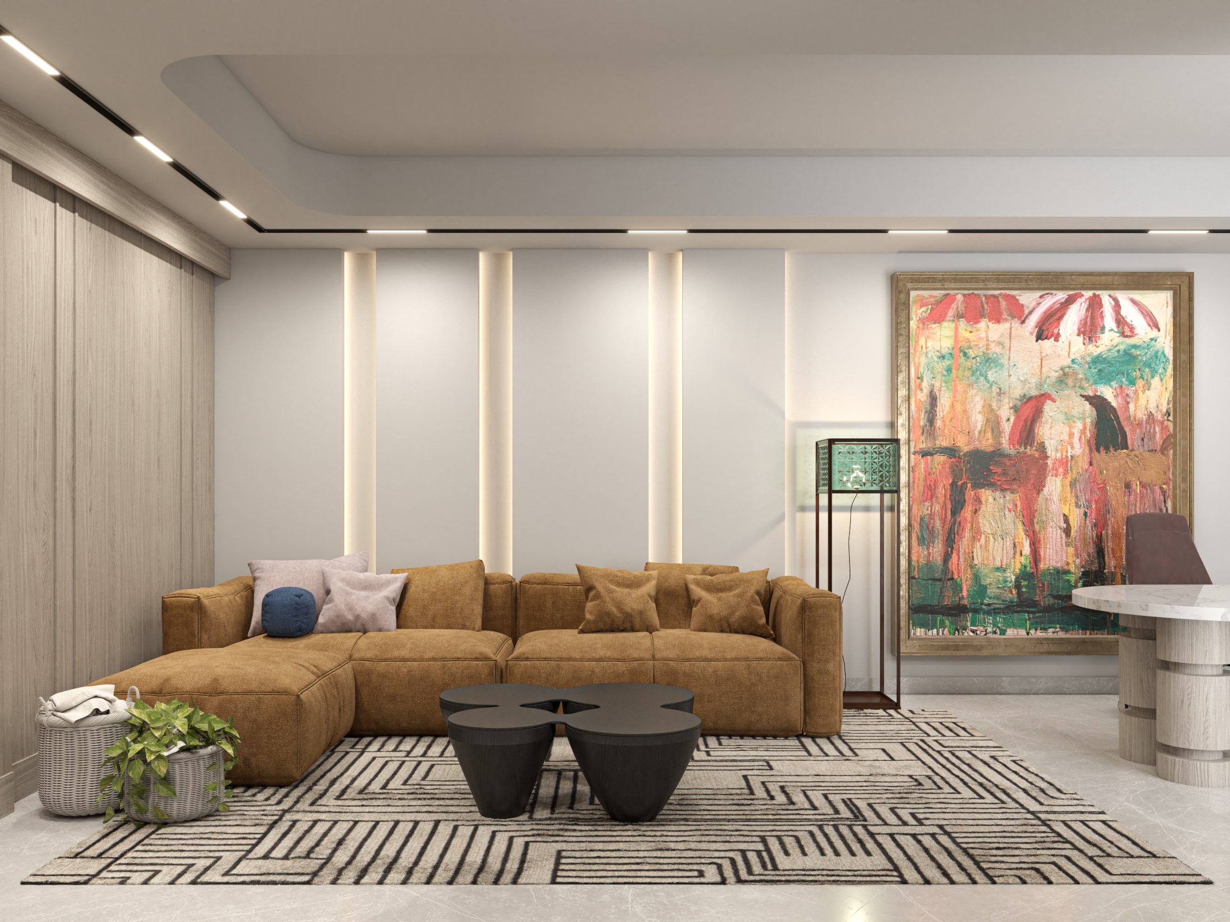 Estancia familiar con mampara de madera, sofá seccional y mesa multifunción con cubierta de mármol Calacatta, Casa Veta, Residencial La Rioja, Hermosillo