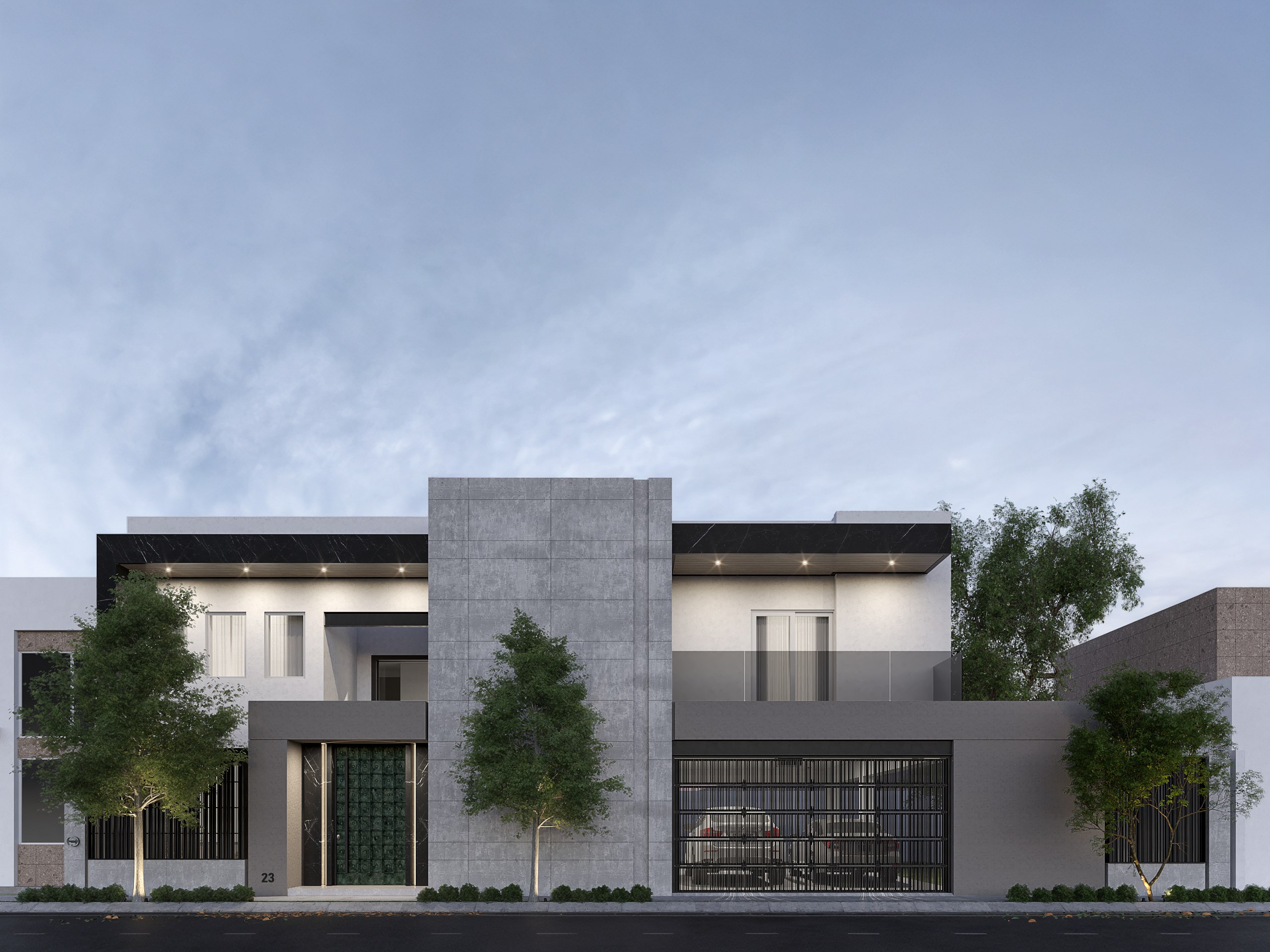 Fachada remodelada con volumen de cerámico Cimerian Grigio, detalles de mármol Monterrey, puerta de metal verde golpeado y portón de herrería negra, Casa Veta, Residencial La Rioja, Hermosillo