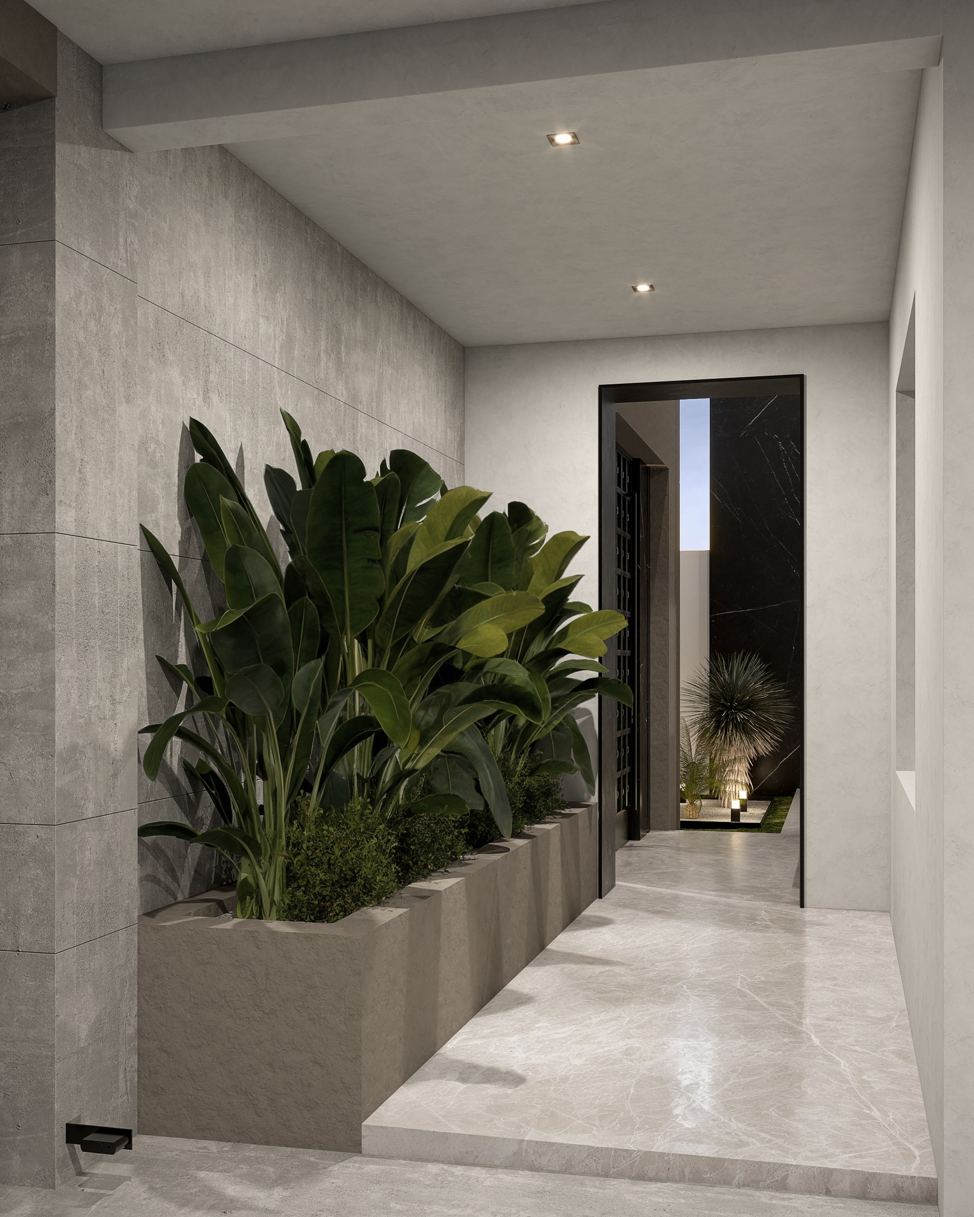 Pasillo exterior con jardinera y piso de mármol, Casa Veta, Residencial La Rioja, Hermosillo