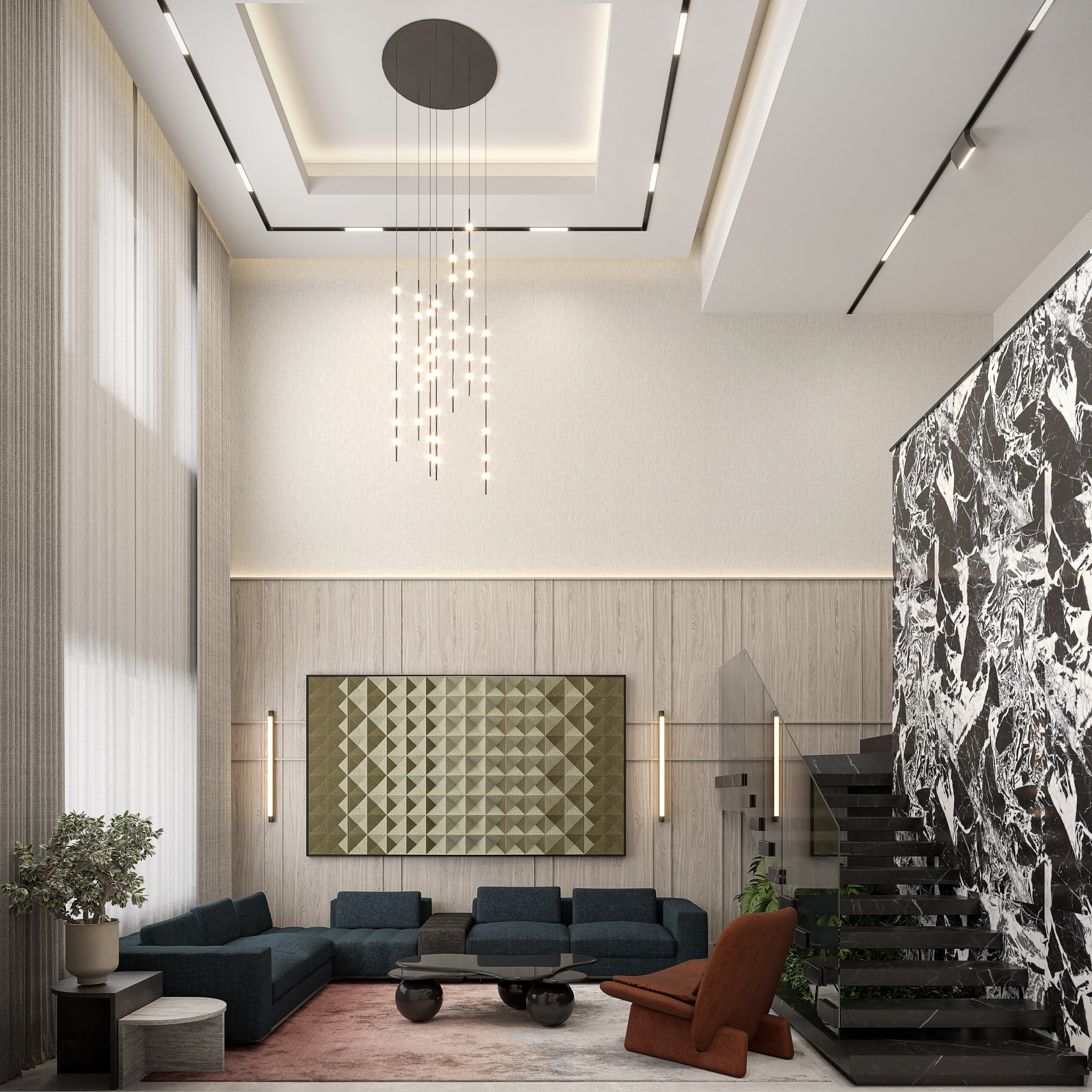 Sala de doble altura con escalera de mármol Monterrey, muro de mármol Grand Antique y mamparas de madera, Casa Veta, Residencial La Rioja, Hermosillo