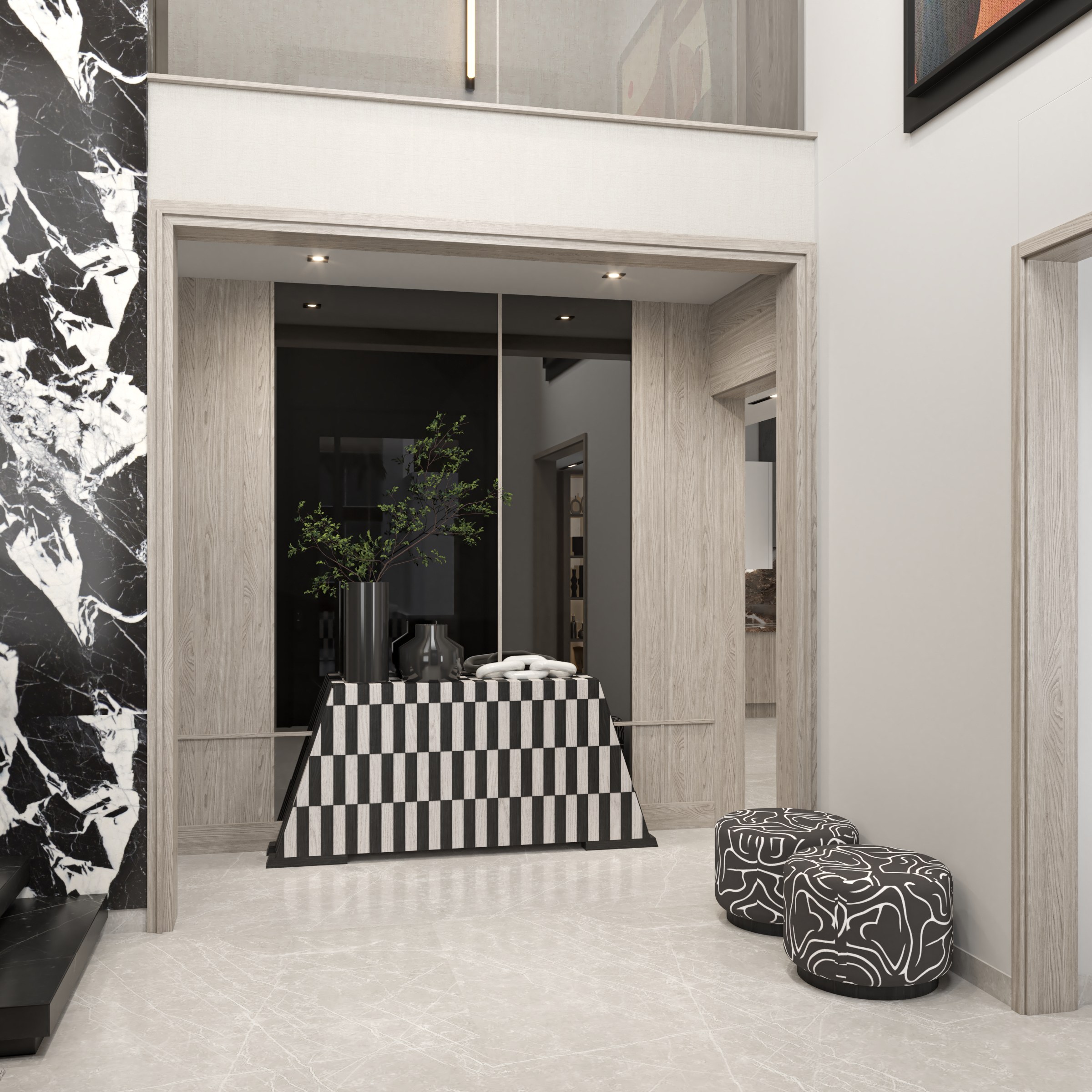Vestíbulo con piso de mármol, mamparas de madera y credenza, junto al muro de mármol Grand Antique de la escalera, Casa Veta, Residencial La Rioja, Hermosillo