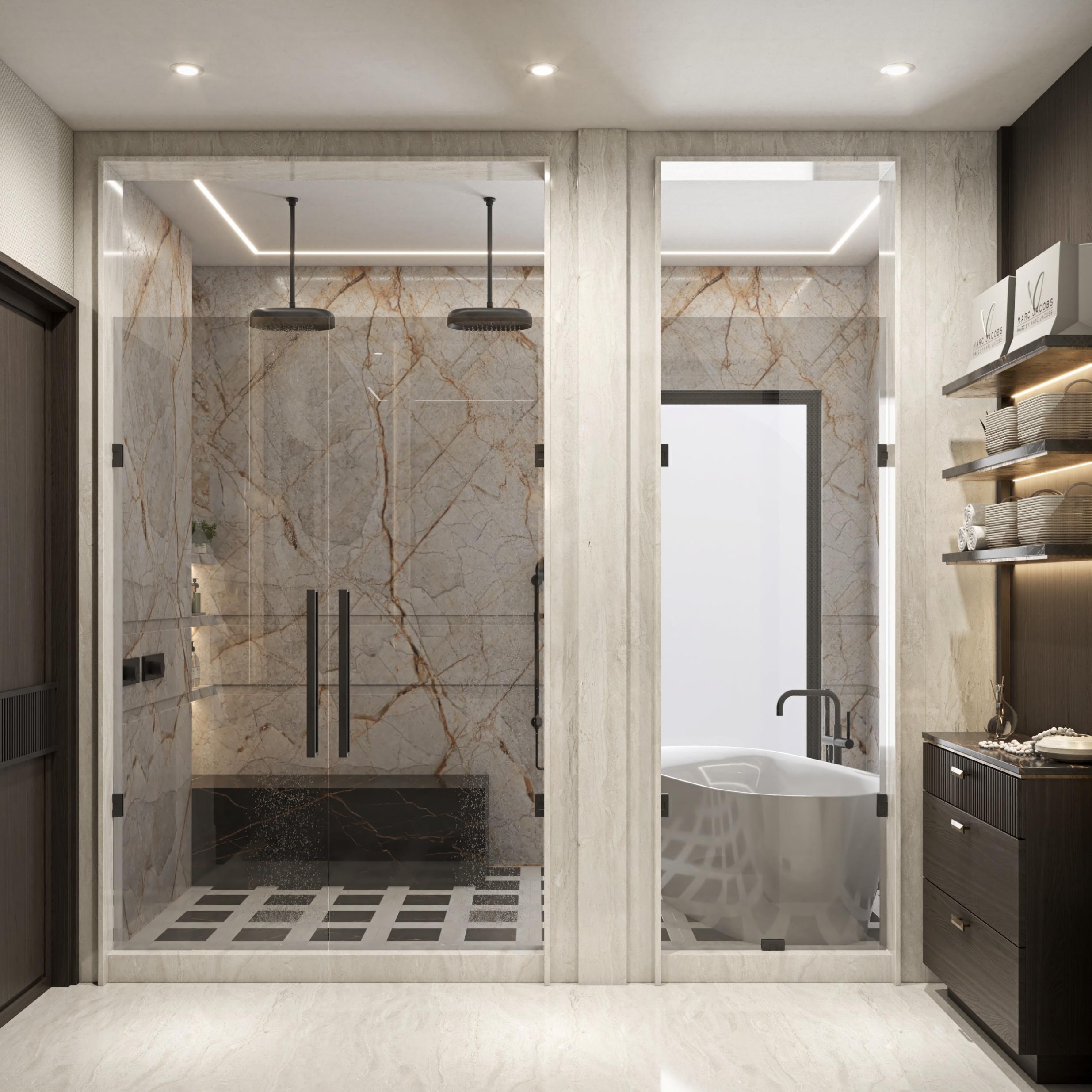 Baño principal con regadera forrada de mármol, tina y piso de mármol en ajedrez, Casa Corteza, Mexicali, Baja California
