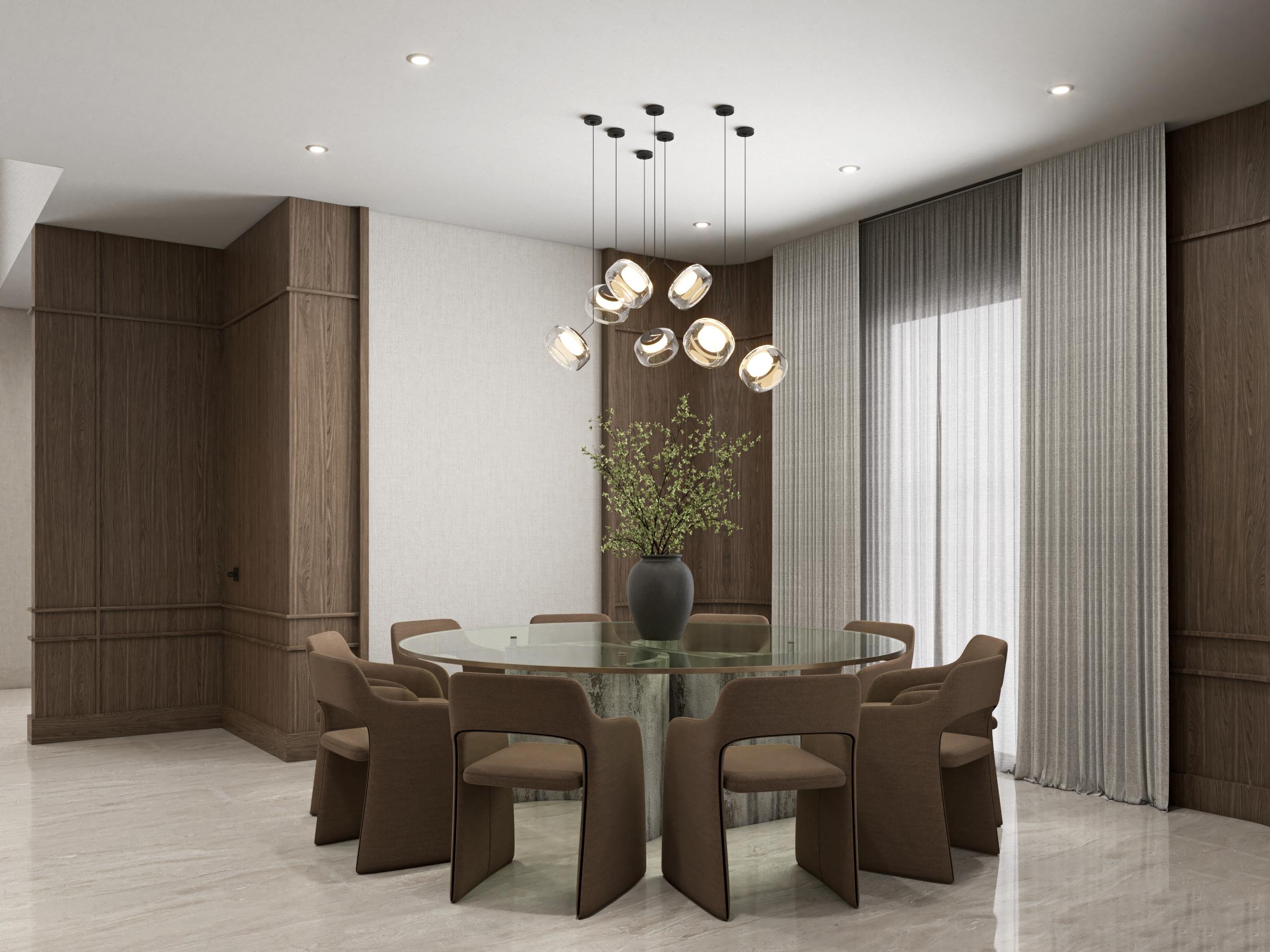 Comedor para diez personas con mamparas de madera y candil suspendido sobre piso de mármol desert, Casa Corteza, Mexicali, Baja California